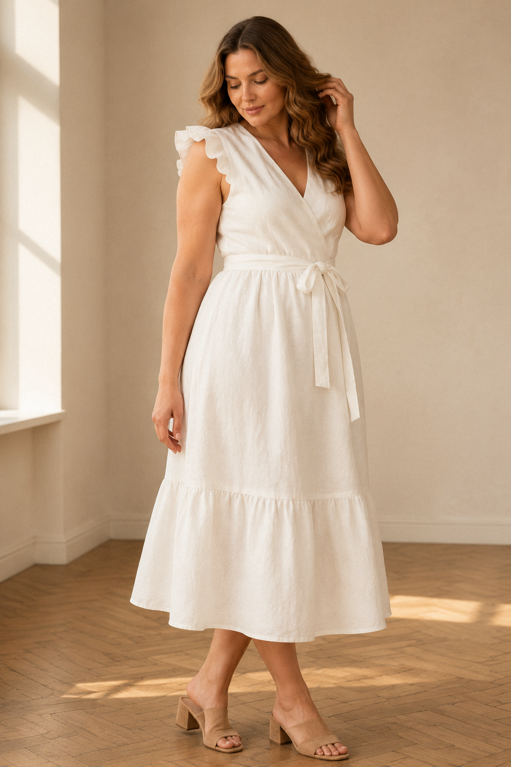 Ivory linen wrap midi dress, three-quarter view, flowing linen, adjustable wrap, relaxed drape