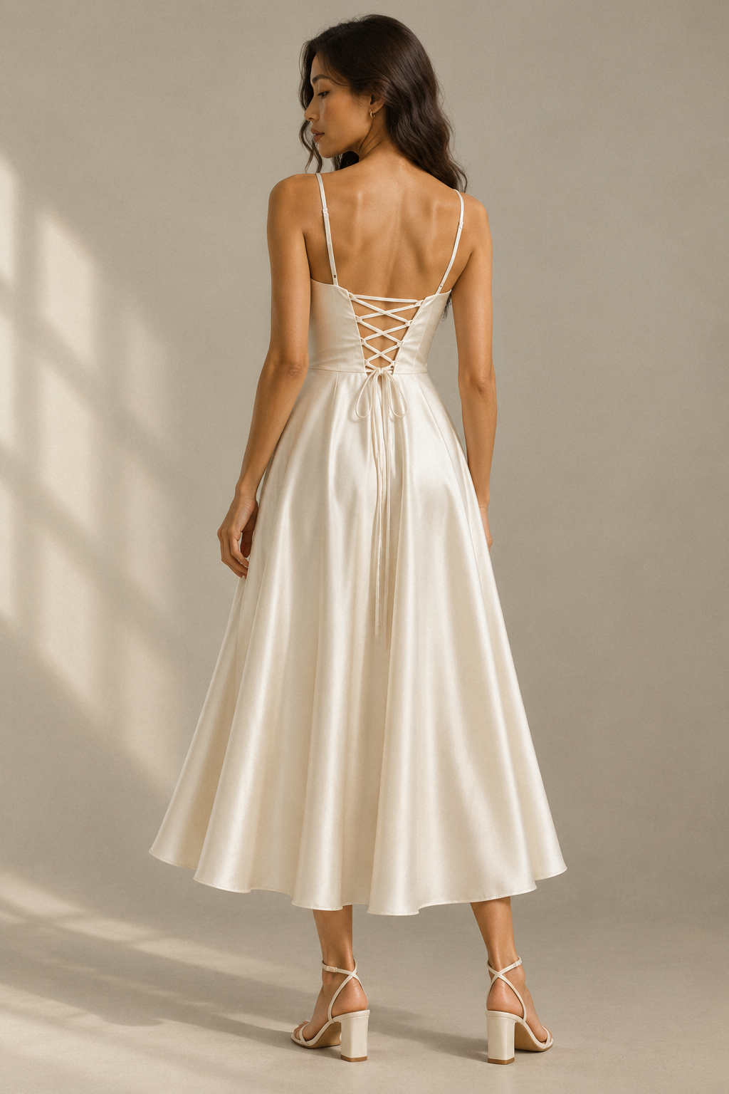 Ivory silk a-line midi dress, back view, smooth back and gentle drape