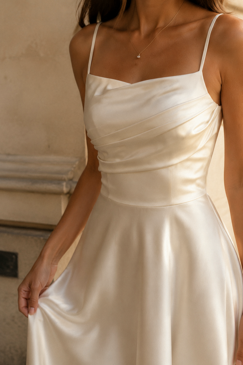 Ivory silk a-line midi dress, fabric detail, soft sheen in raking light