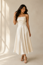 Ivory silk a-line midi dress, full front view, straight neckline and flowing skirt