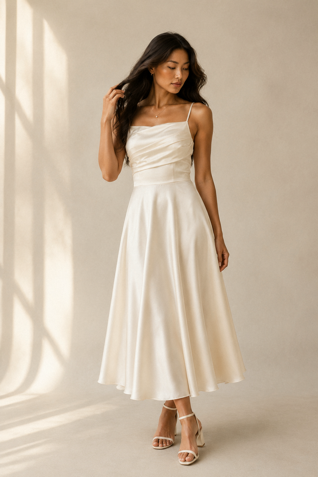 Ivory silk a-line midi dress, full front view, straight neckline and flowing skirt