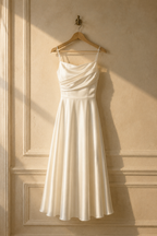 Ivory silk a-line midi dress, hanging on wooden hanger against plaster wall