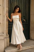 Ivory silk a-line midi dress, front view, draped bodice and A-line skirt