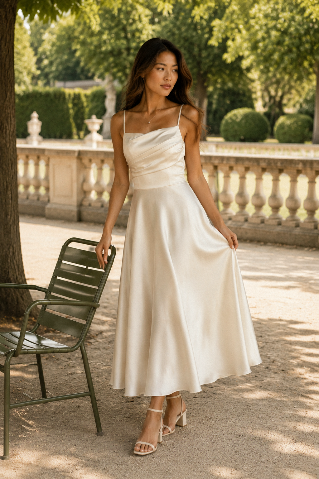 Ivory silk a-line midi dress, lifestyle, daylight in a quiet room