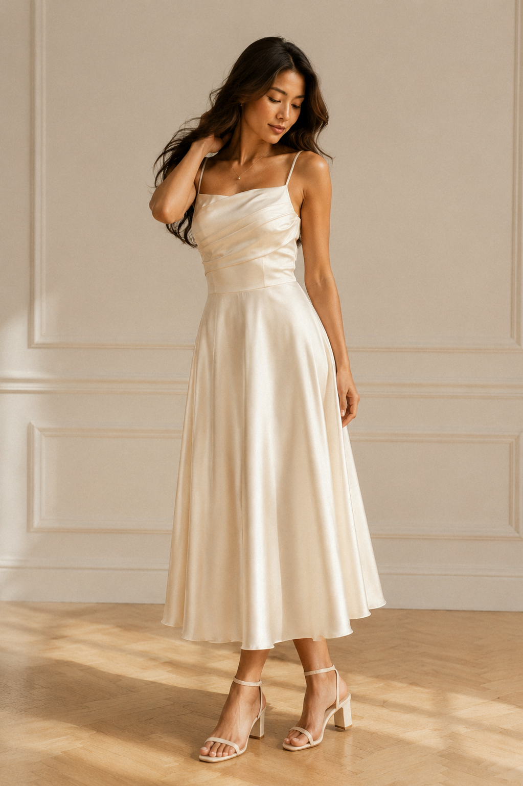 Ivory silk a-line midi dress, three-quarter view, bodice drape and skirt movement