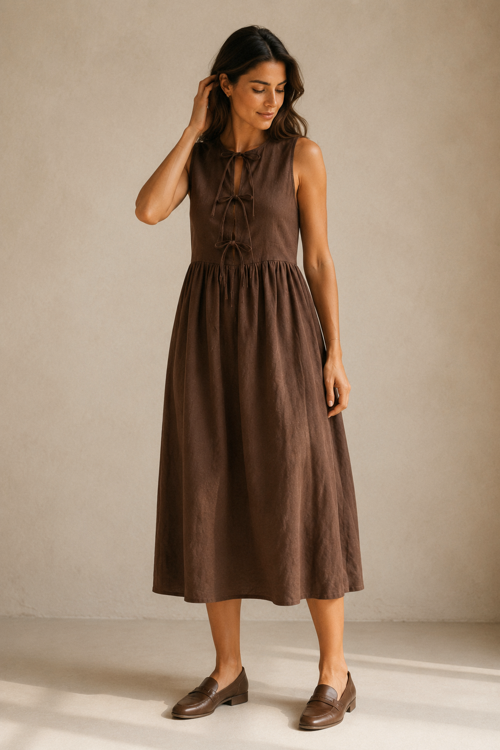 Chocolate brown linen a-line midi dress, full front view, a-line midi dress, tie-front, chocolate linen