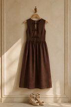 Chocolate brown linen a-line midi dress, hanging on wooden hanger against plaster wall