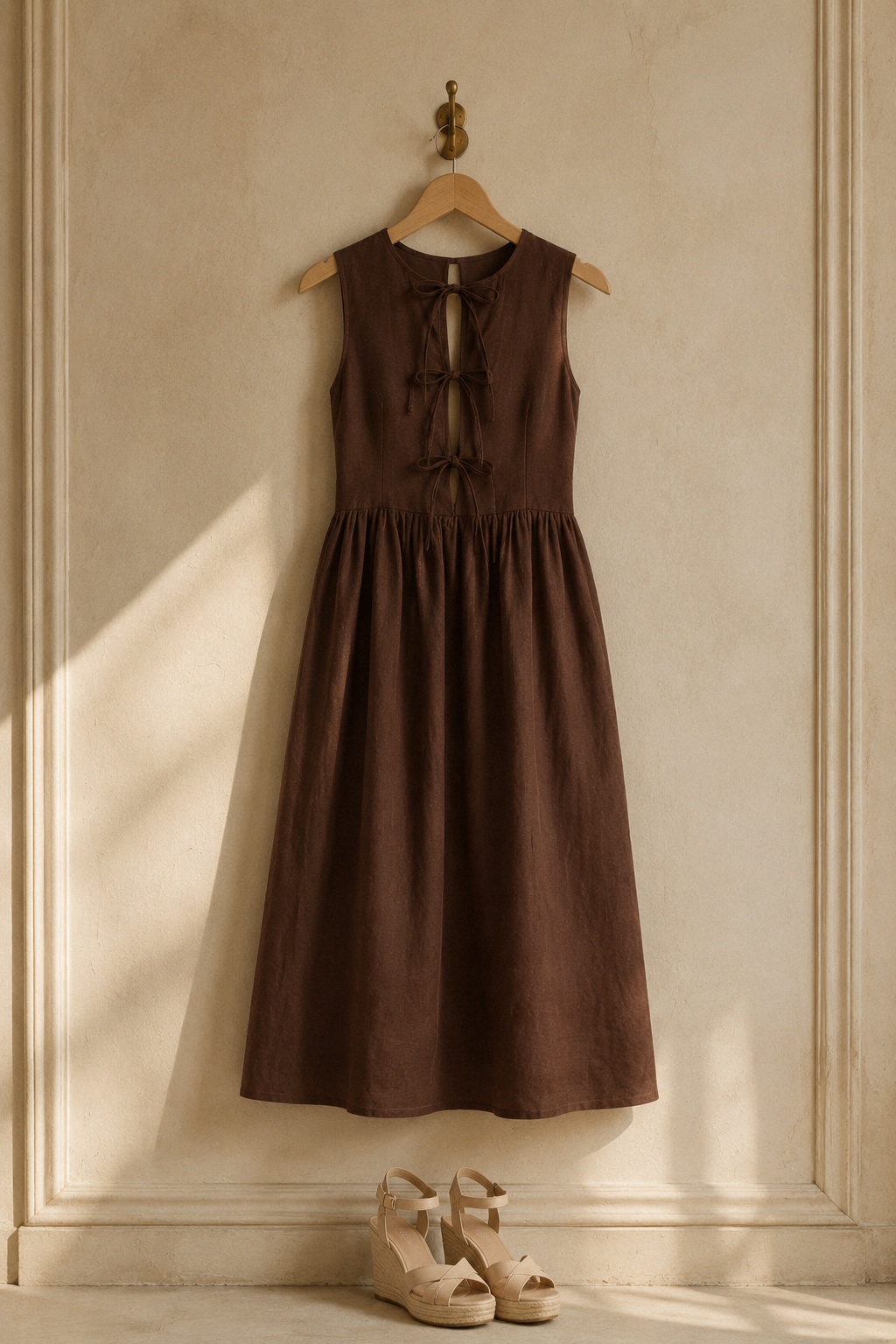 Chocolate brown linen a-line midi dress, hanging on wooden hanger against plaster wall