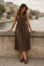 Chocolate brown linen a-line midi dress, front view, tie-front detail, round neckline, gathered waist