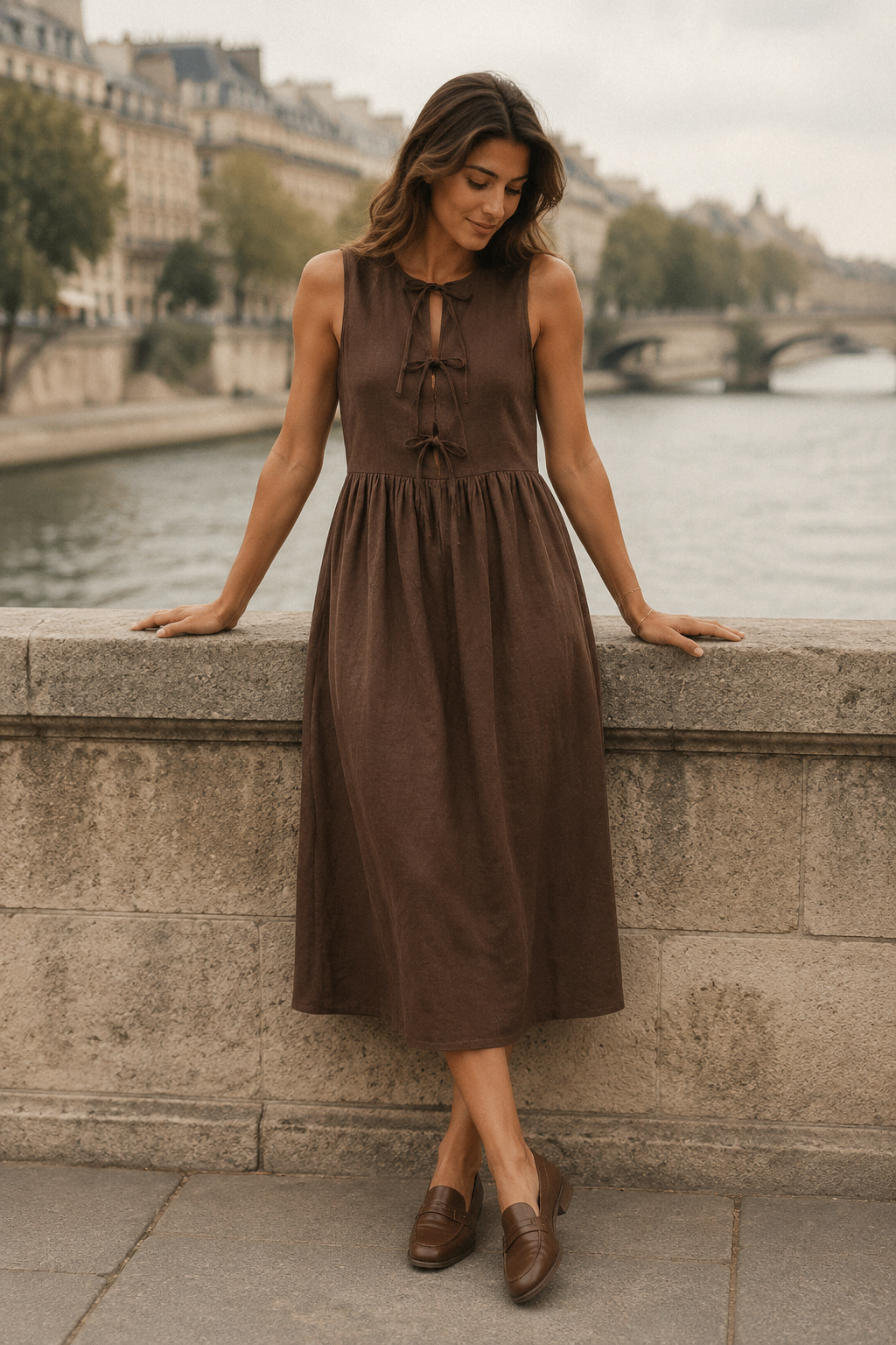 Chocolate brown linen a-line midi dress, front view, tie-front detail, round neckline, gathered waist