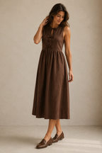 Chocolate brown linen a-line midi dress, three-quarter view, relaxed A-line silhouette, gathered waist detail