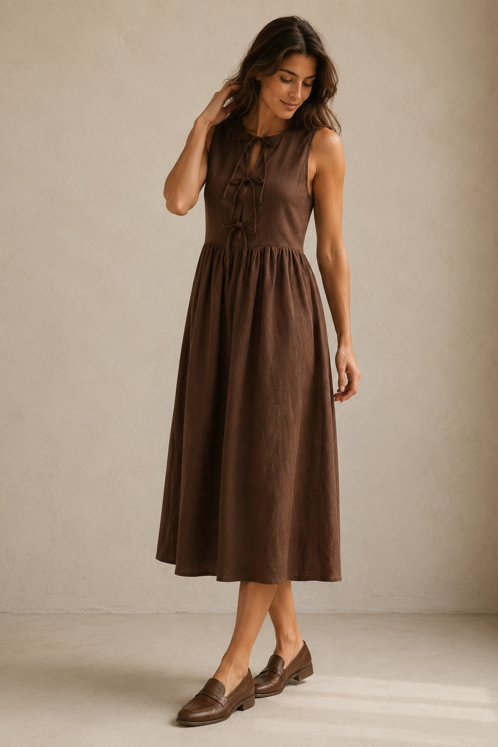 Chocolate brown linen a-line midi dress, three-quarter view, relaxed A-line silhouette, gathered waist detail