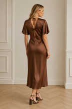 Brown silk column midi dress, back view, fluid column silhouette