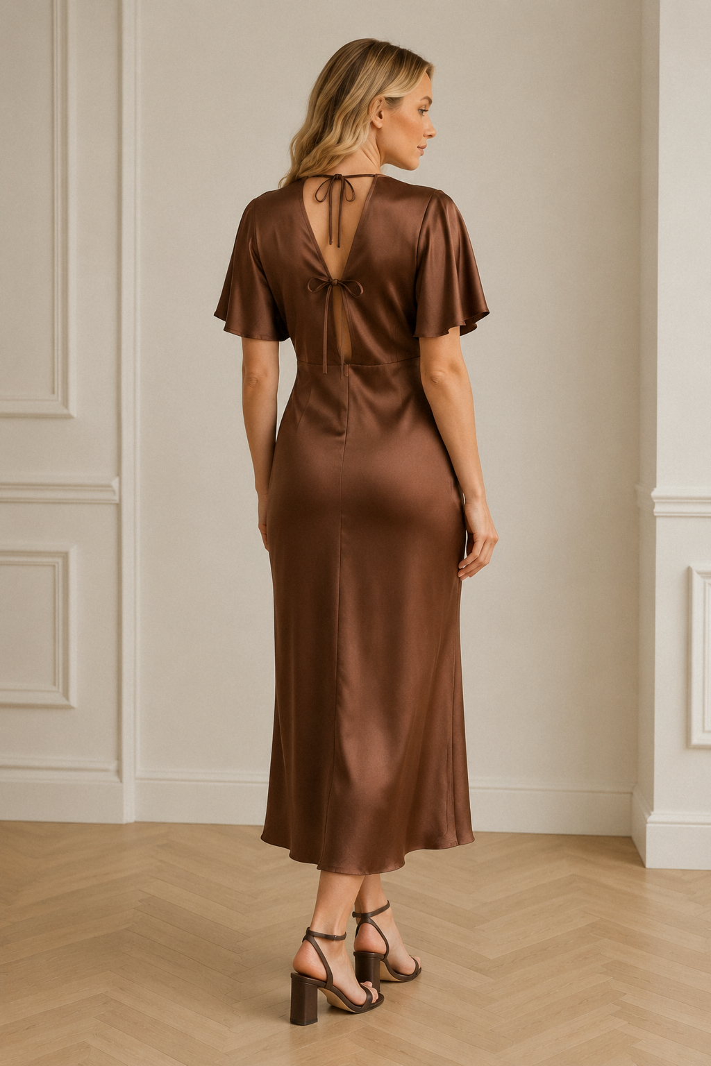 Brown silk column midi dress, back view, fluid column silhouette