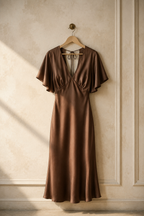 Brown silk column midi dress, hanging on wooden hanger against plaster wall