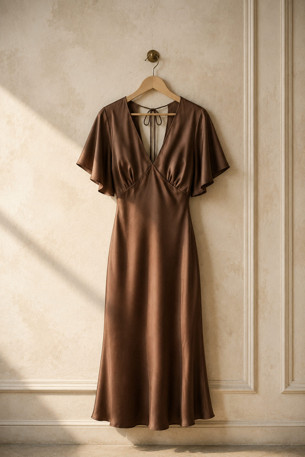 Brown silk column midi dress, hanging on wooden hanger against plaster wall