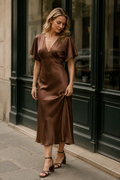 Brown silk column midi dress, front view, V neckline, short sleeves, midi length