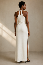 Ivory linen column midi dress, back view, halter neck and clean back line