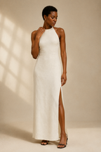 Ivory linen column midi dress, full front view, streamlined midi with side slit