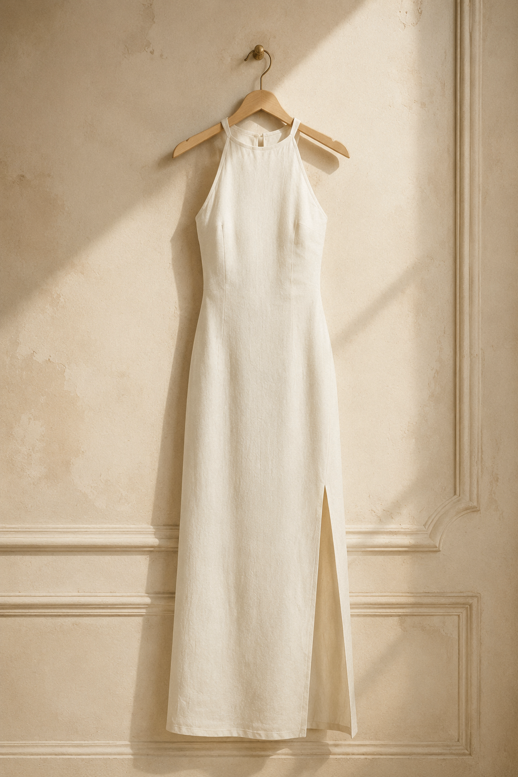 Ivory linen column midi dress, hanging on wooden hanger against plaster wall