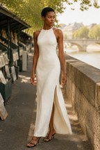 Ivory linen column midi dress, lifestyle, afternoon light, relaxed setting
