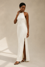 Ivory linen column midi dress, three-quarter view, relaxed fit and natural fabric drape