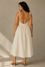 Ivory linen a-line midi dress, back view, low back and thin straps