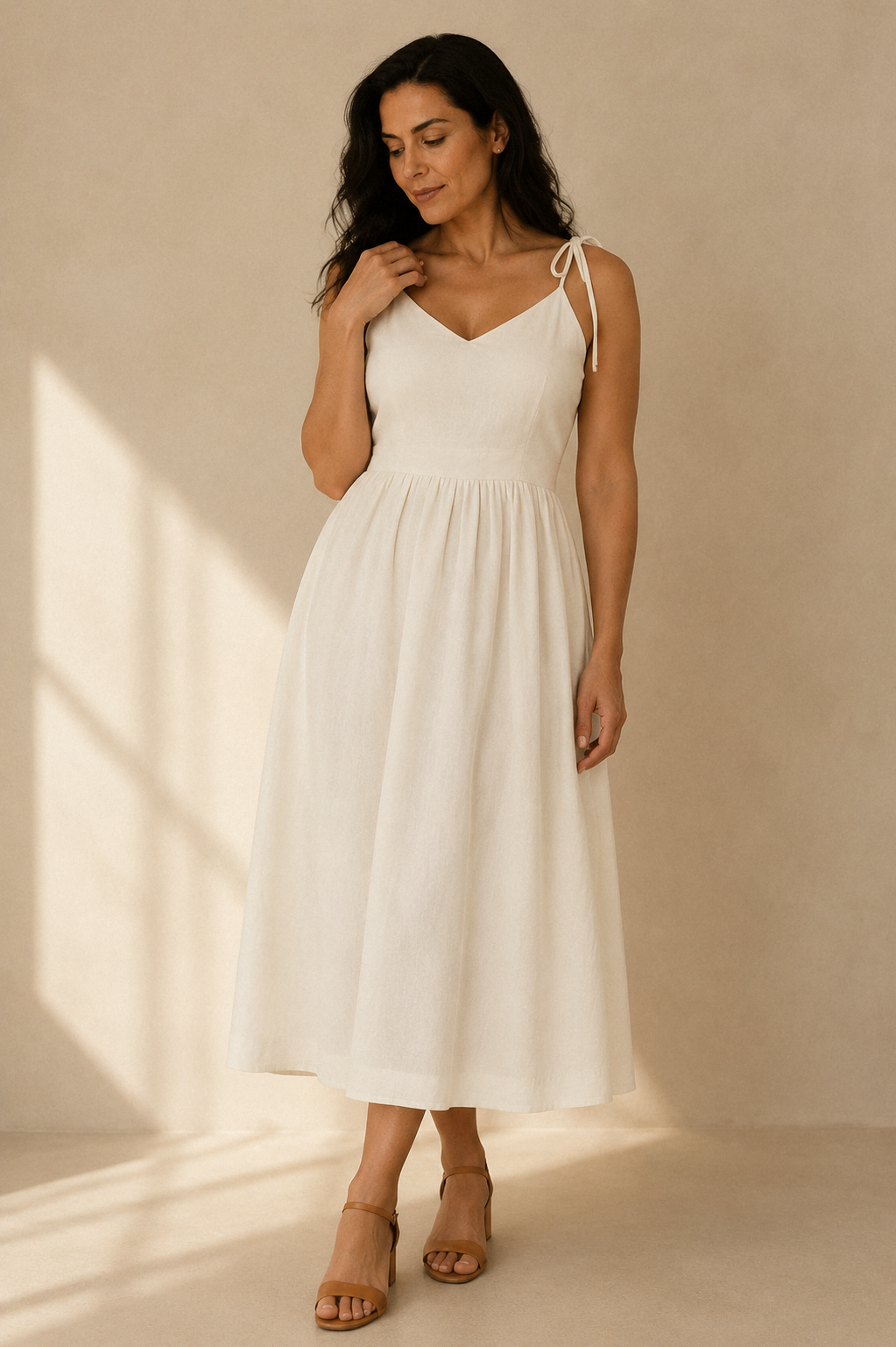 Ivory linen a-line midi dress, full front view, flowing A-line skirt