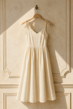 Ivory linen a-line midi dress, hanging on wooden hanger against plaster wall