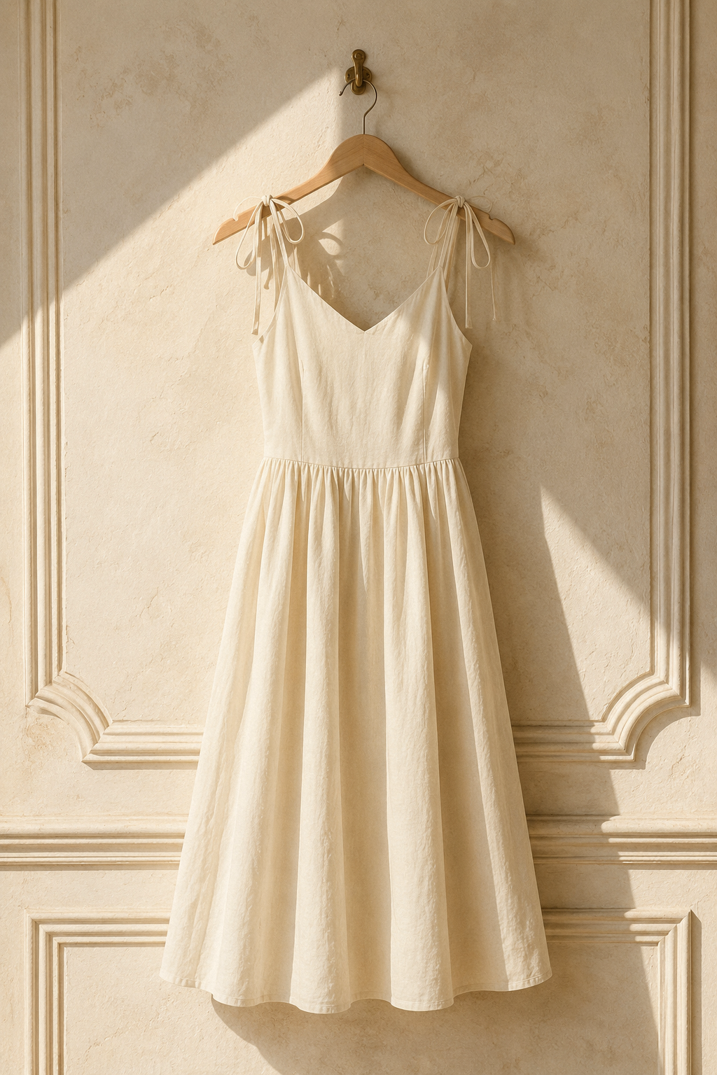 Ivory linen a-line midi dress, hanging on wooden hanger against plaster wall