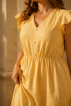Butter yellow linen a-line midi dress, fabric detail, flax weave in raking light