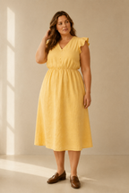 Butter yellow linen a-line midi dress, full front view, a-line skirt and flutter sleeves