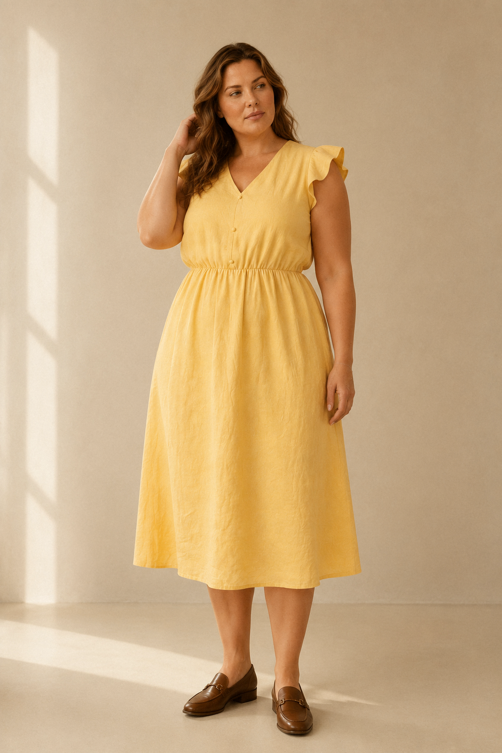 Butter yellow linen a-line midi dress, full front view, a-line skirt and flutter sleeves