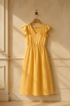 Butter yellow linen a-line midi dress, hanging on wooden hanger against plaster wall