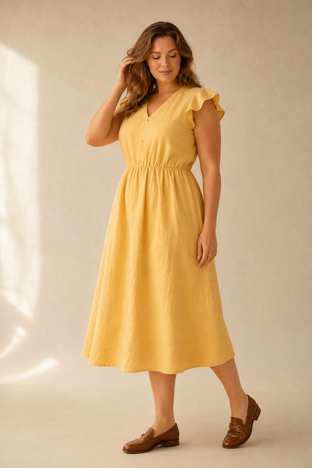 Butter yellow linen a-line midi dress, three-quarter view, flowing linen and elasticated waist