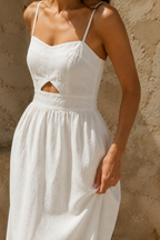 White linen a-line midi dress, fabric detail, flax weave in raking light