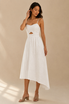 White linen a-line midi dress, full front view, a-line midi with side pockets