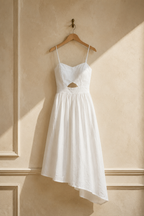 White linen a-line midi dress, hanging on wooden hanger against plaster wall