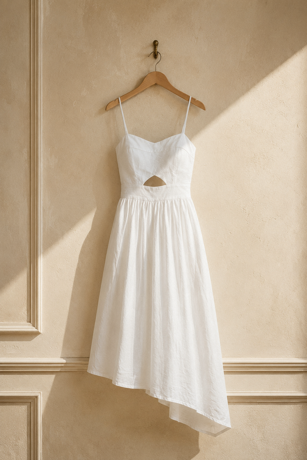 White linen a-line midi dress, hanging on wooden hanger against plaster wall
