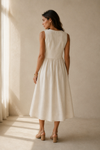 Ivory linen a-line midi dress, back view, gathered waist, smooth back bodice