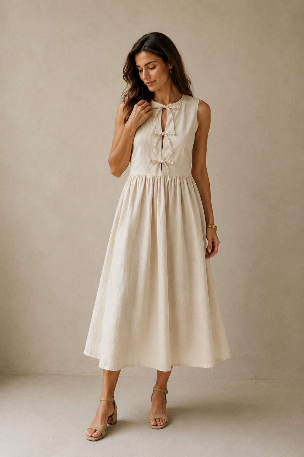 Ivory linen a-line midi dress, full front view, a-line silhouette, flowing midi skirt