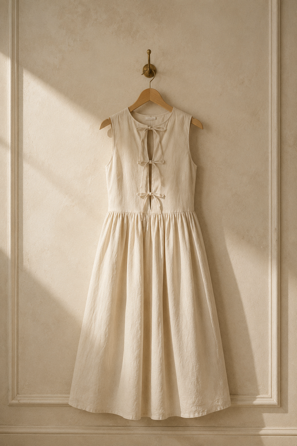 Ivory linen a-line midi dress, hanging on wooden hanger against plaster wall