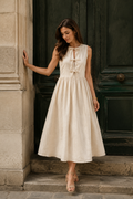 Ivory linen a-line midi dress, front view, round neck, tie-front bodice, gathered waist
