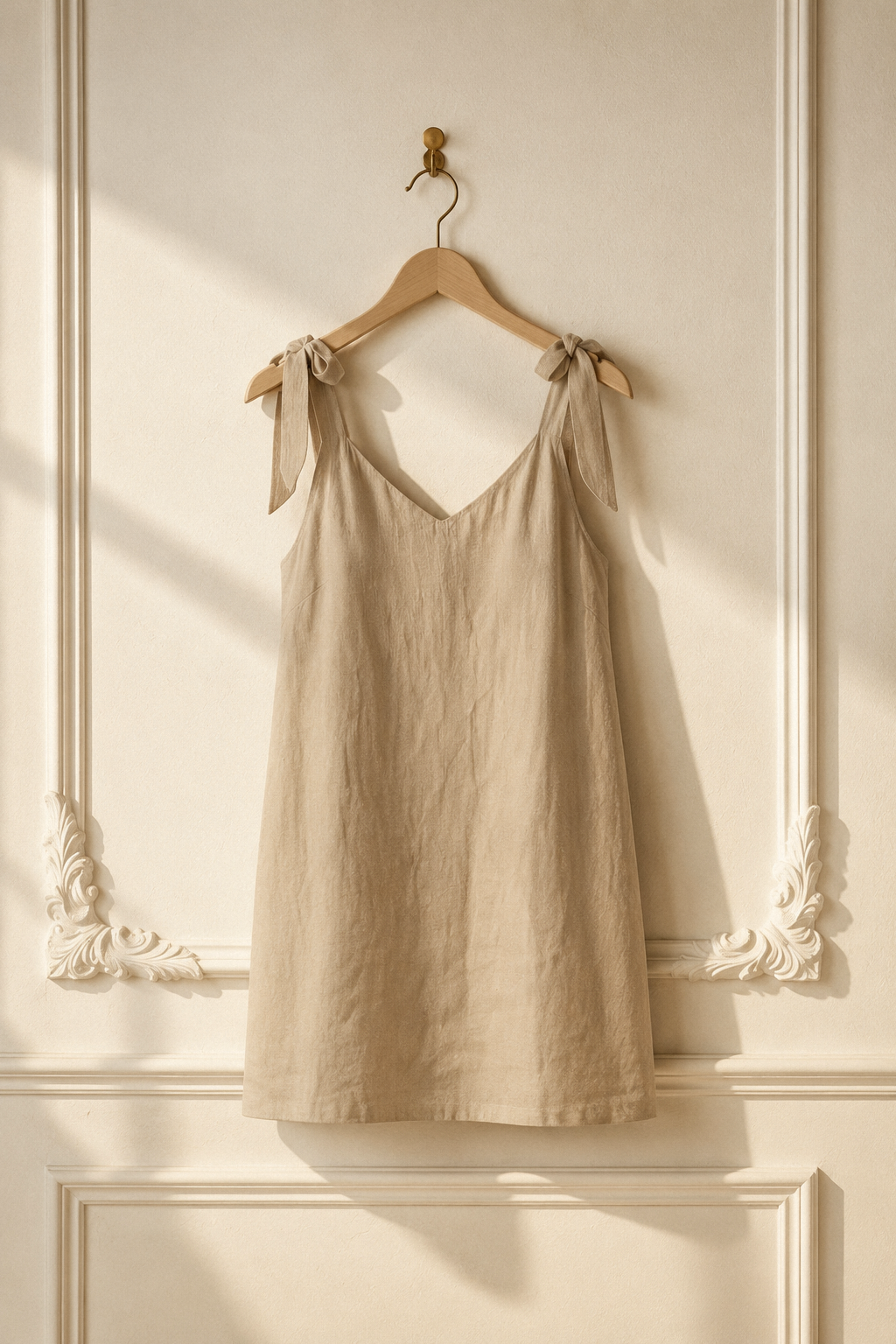 Beige linen shift midi dress, hanging on wooden hanger against plaster wall