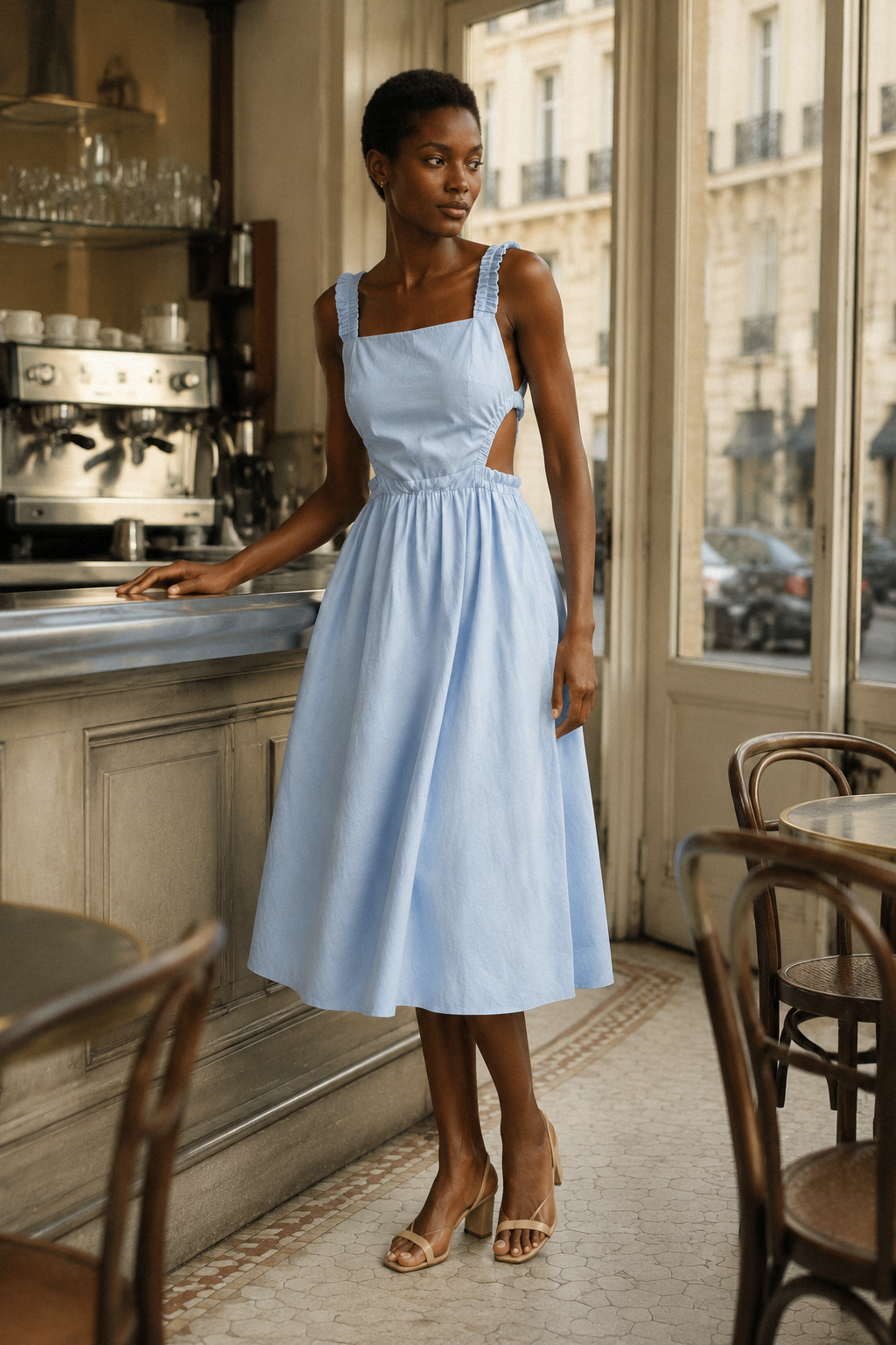 Light blue cotton a-line midi dress, lifestyle, garden stroll in soft light