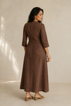 Brown linen wrap midi dress, back view, flowing skirt, soft drape