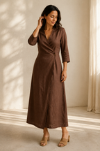 Brown linen wrap midi dress, full front view, wrap midi dress with button detail