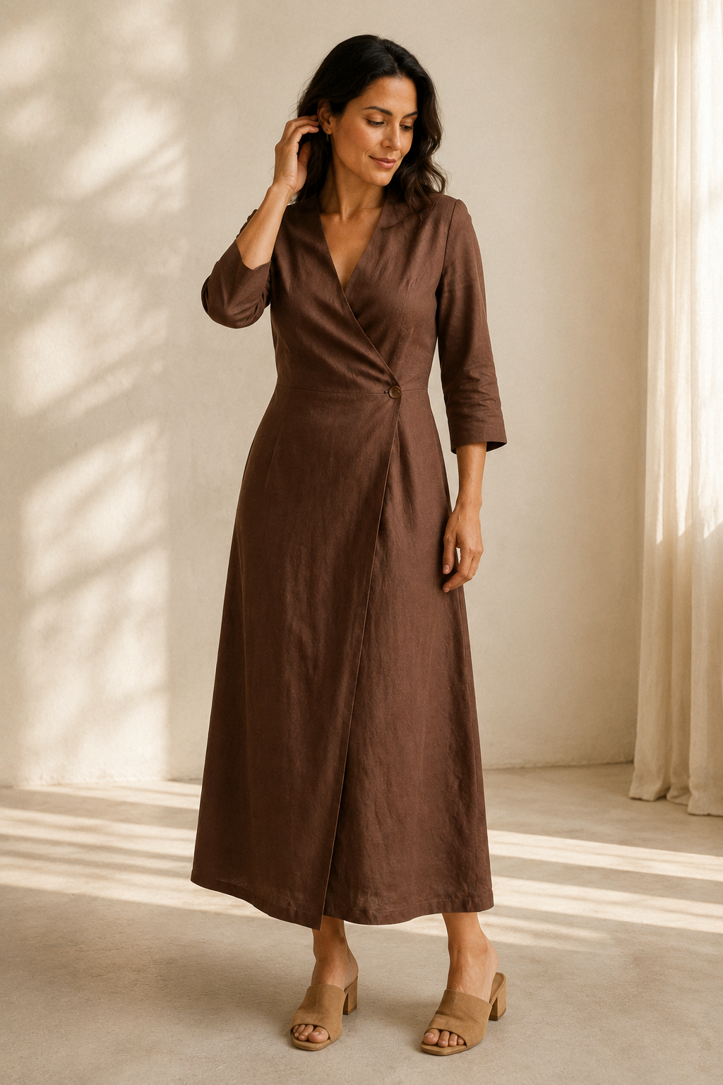 Brown linen wrap midi dress, full front view, wrap midi dress with button detail