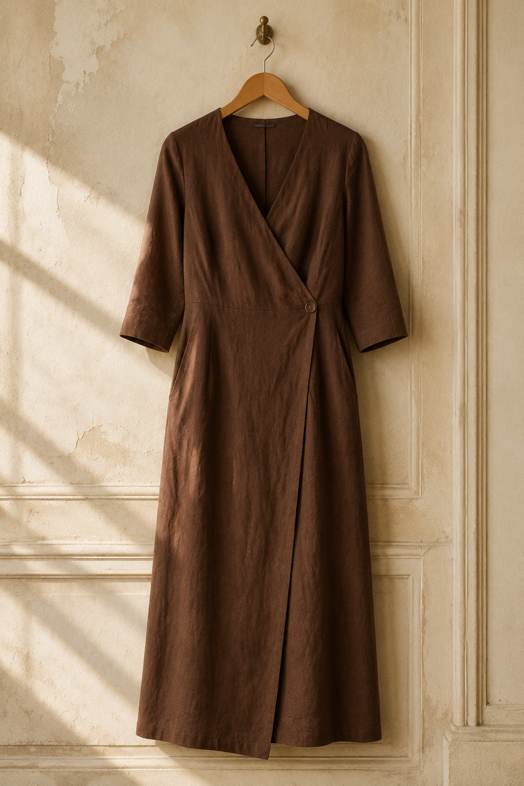 Brown linen wrap midi dress, hanging on wooden hanger against plaster wall