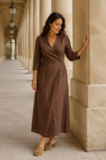 Brown linen wrap midi dress, front view, v-neck, wrap front, three-quarter sleeves